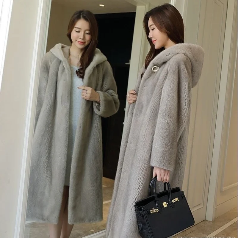 2021 new imported mink fur coat long hooded loose large size fur warm female mink coat Office Lady  Winter  With Fur Trim Hood