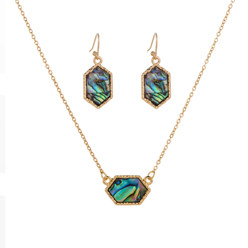 

FYJS Unique Light Yellow Gold Color Rhombus Shape Pendant Abalone Shell Necklace Drop Earrings Ethnic Jewelry Sets