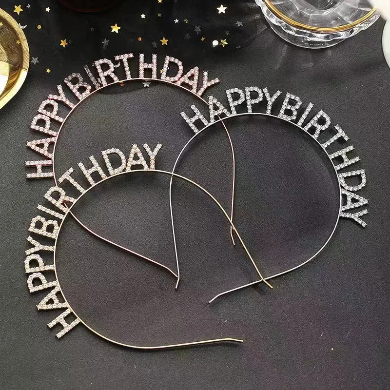 

Metal Girl Happy Birthday Rhinestone Inlaid Headband Party Gifts Silver Gold Headwear Lady Women Headdress High Quality