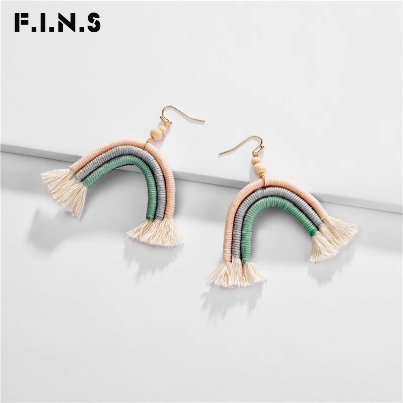 Женские серьги-подвески трехцветные с хлопковой нитью ручной работы | Украшения