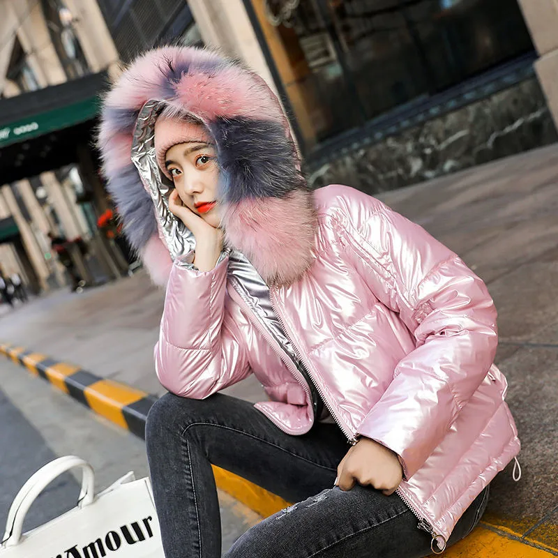 Fake Fox fur Parkas Women Down Jacket Winter Cotton Female Short Coat Winter Snow Wear Glossy Hooded Jacket waterproof Parkas