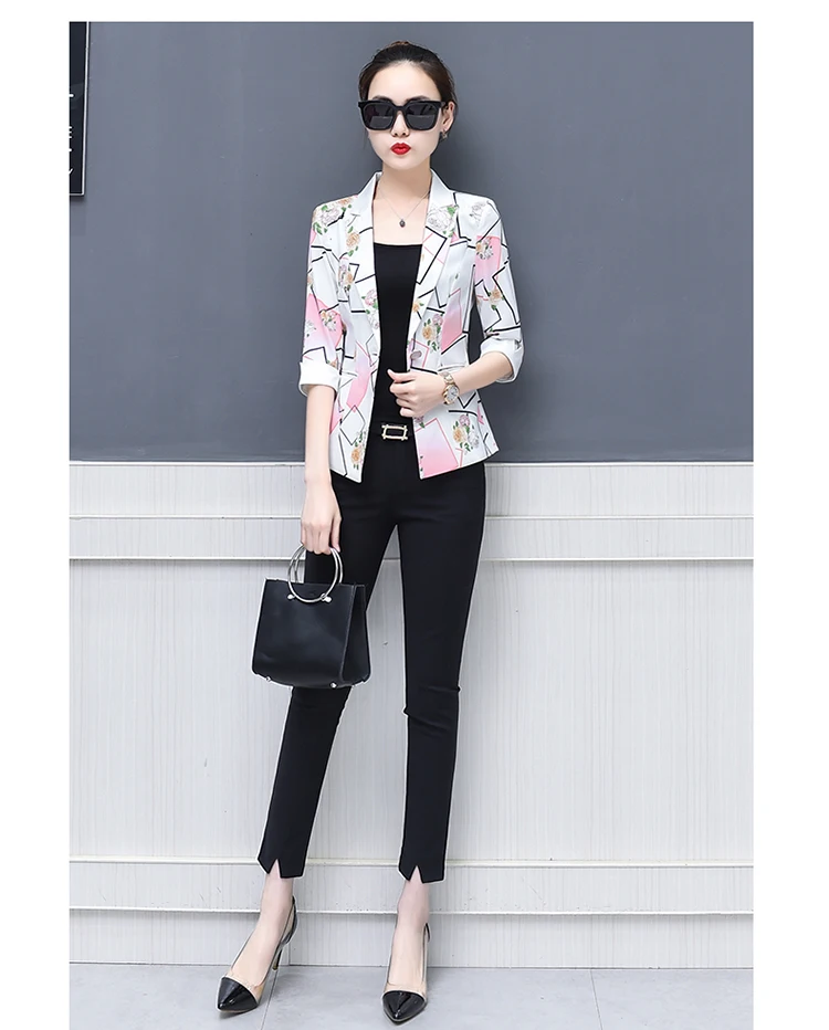 

2021 Office Lady Summer Floral Printed Suit Blazer and Jackets Silm Three Quarter Single Button Notched Pockets OL Blazers