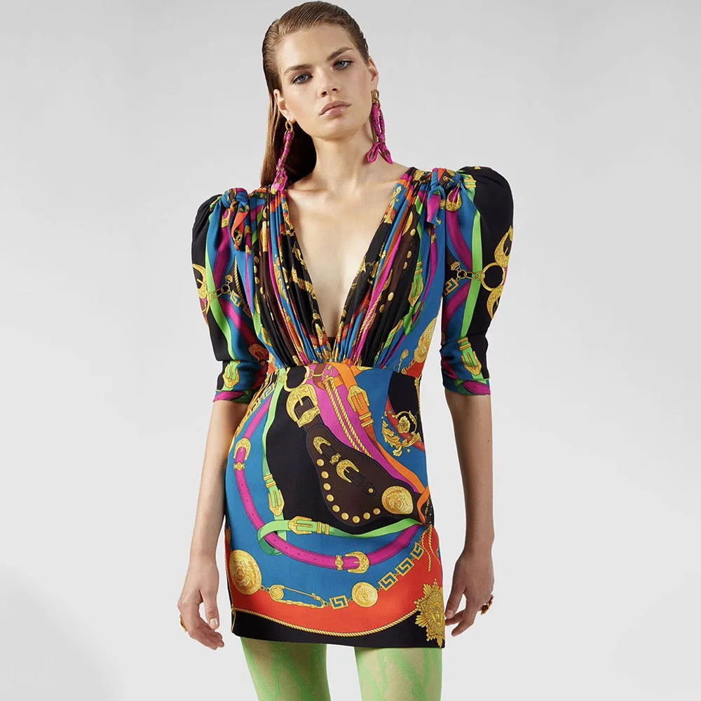 Модельное платье с винтажным принтом повседневное элегантное мини длинными