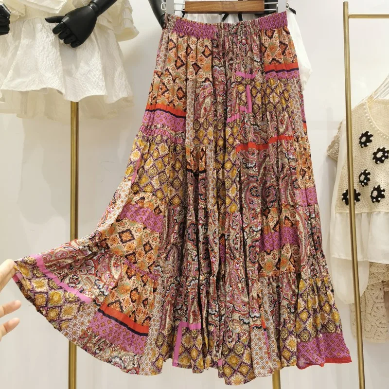 

Jastie Nice Bohemian Style Retro Print Skirts Women Elastic Waist Big Hem Chic Chiffon Pleated Skirts Long Casual Beach Skirt