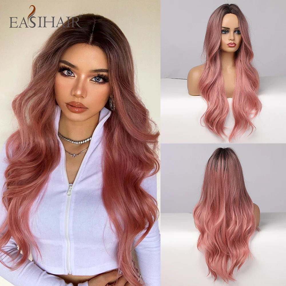 EASIHAIR длинный Омбре розовый парик натуральные волосы для женщин средняя часть