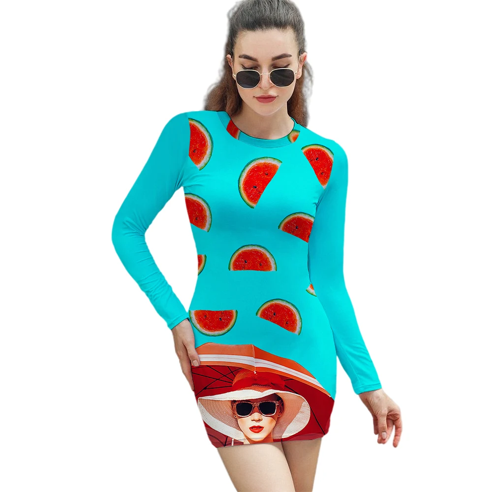 

Fashion Polyester Dress Ladies Summer Tight Dress Casual Women'S Simple Cartoon Long-Sleeved Polyester Dress
