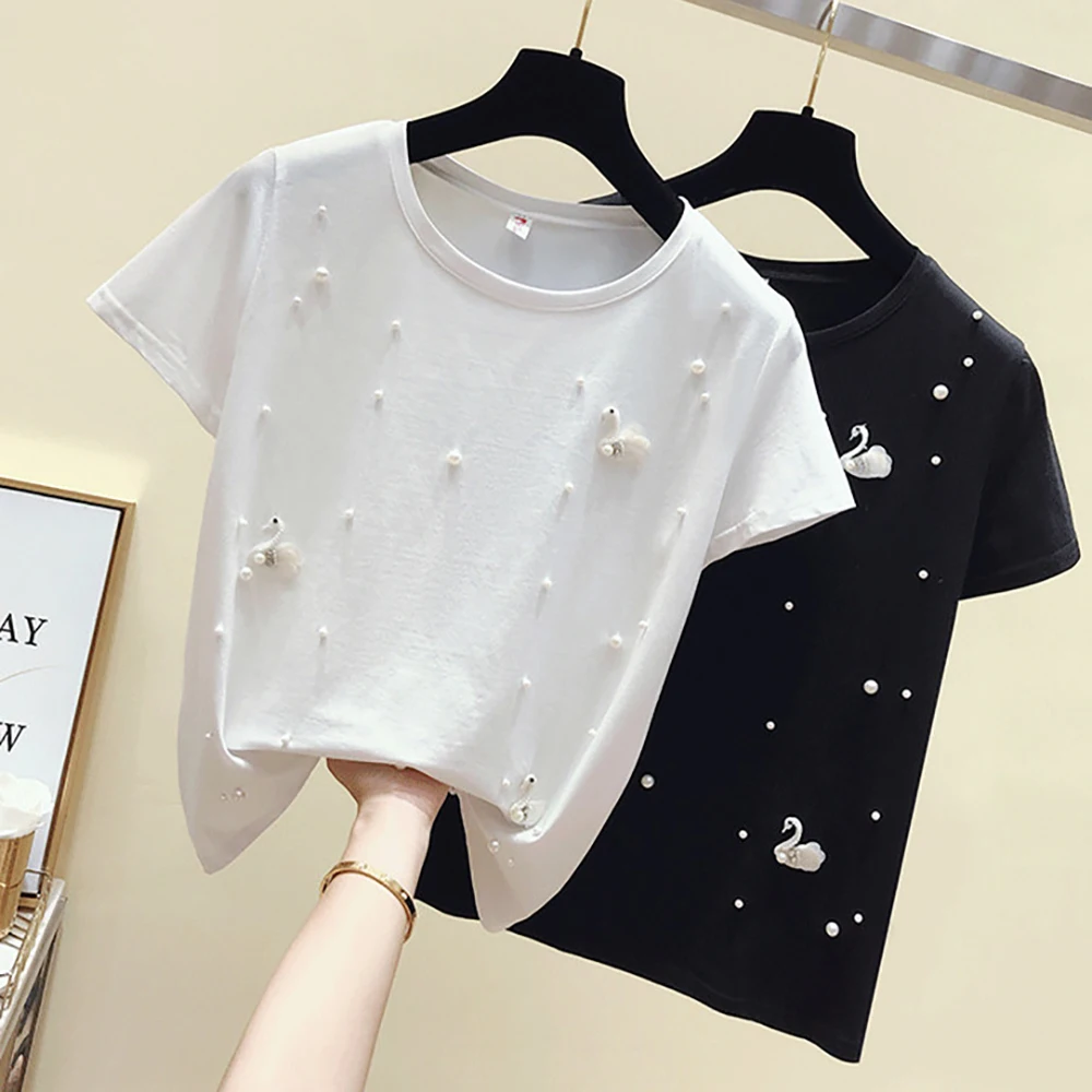 

Fashion Pearl Beading Cartoon Swan Cotton T Shirt Woman Elegant Loose Baggy Short Sleeve O-Neck Tops Summer Clothes For Women