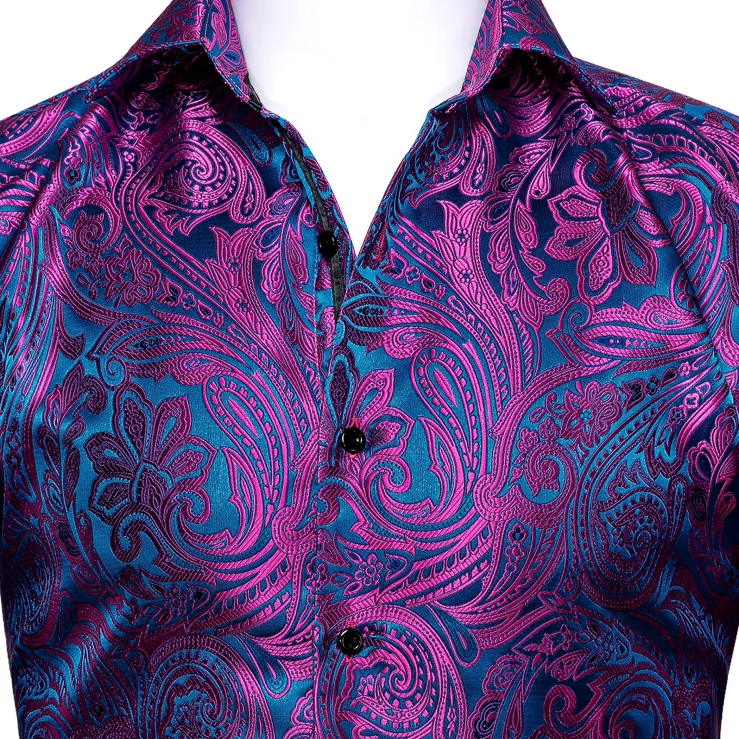 Barry.Wang Luxury Rose Red Paisley Silk Shirts Men Long Sleeve Casual Flower Shirts For Men Designer Fit Dress Shirt BCY-0029