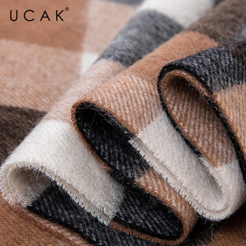 UCAK Brand Autumn Winter Warm Scarfs Soft Men Women Casual Plaid Pure Wool Scarf Shawl Wrap Knit Long Striped With Tassel A20