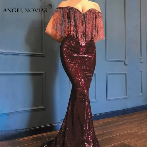 ANGEL NOVIAS Длинное Элегантное Abendkleider бордовое арабское вечернее платье с кисточками женские элегантные вечерние платья на выпускной - Цвет: Бургундия