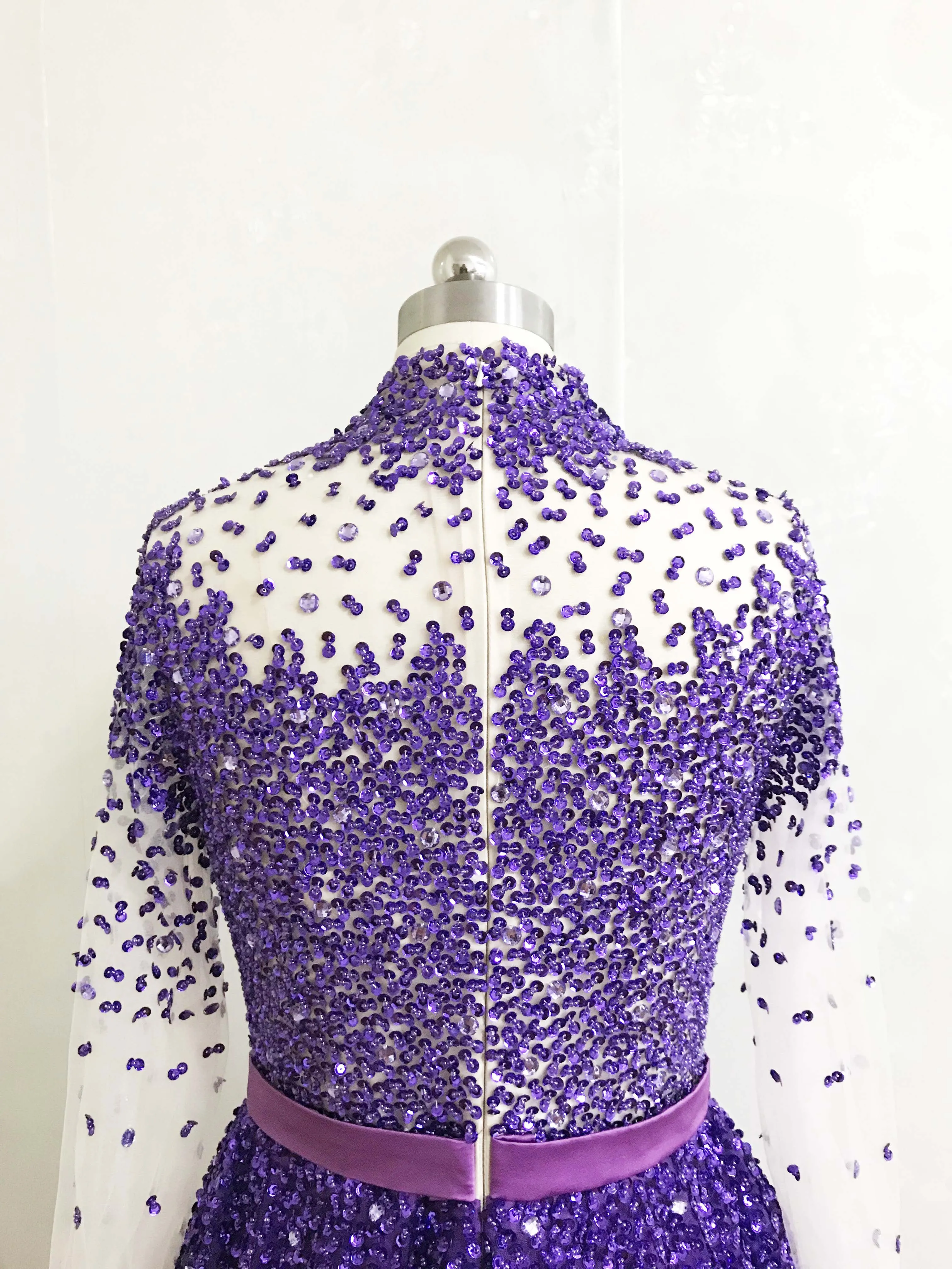 Best Selling Purple High Collar Beaded Heavily Long Sleeve A Line Prom Dresses