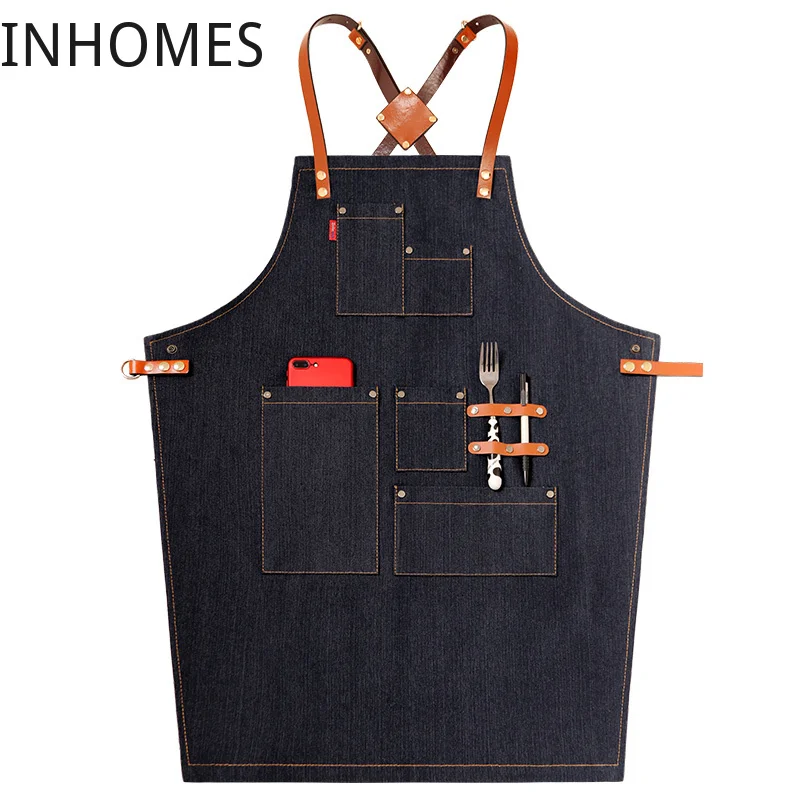 

Free Custom Logo Apron Denim Tea Milk Coffee Barber Work Clothes Hair Stylist Perm Hairdressing delantal cocina hombre mujer