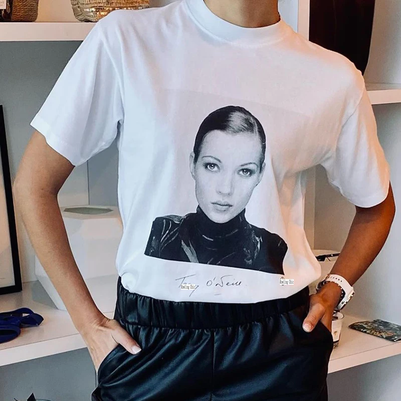 

Rowling White Letter Portrait Graphic Tee Shirts Short Sleeve O-Neck Cotton Woman T-Shirt Casual Classic logo Female Tops 2021