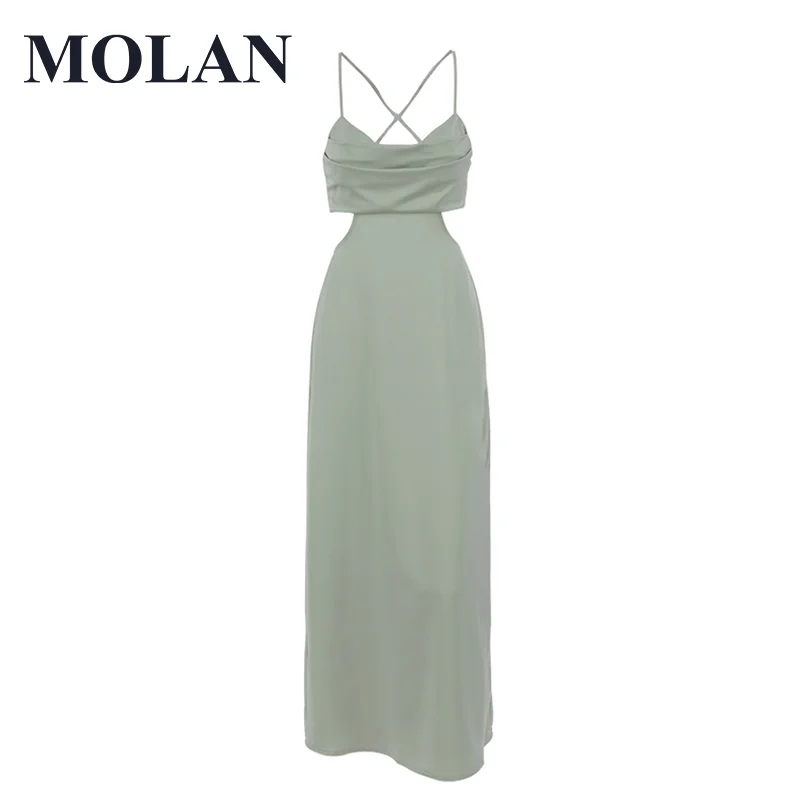 

Summer Woman Elegant Long Dress Satin Solid Sling European Style Sexy Hollow Backless Top Mujer New Fashion Grace Dress