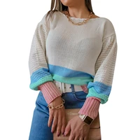 casual classic women long sleeve round neck sweater knitted colorblock patchwork spring autumn loose jumper warm ladies pullover