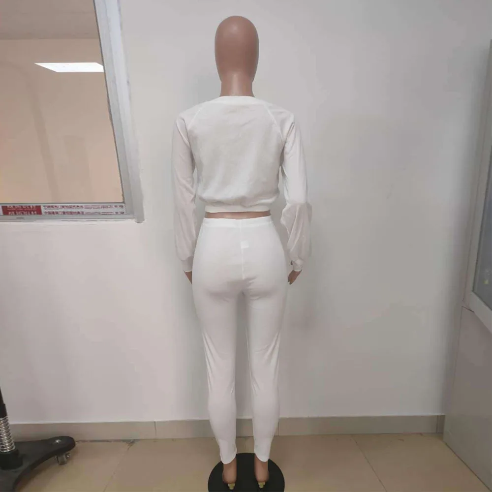 

Elastic Hight Bodycon Sexy Two Piece Tracksuit Women Body Letter Print Long Sleeve Crop Top + Skinny Leggings Female Sweatsuits