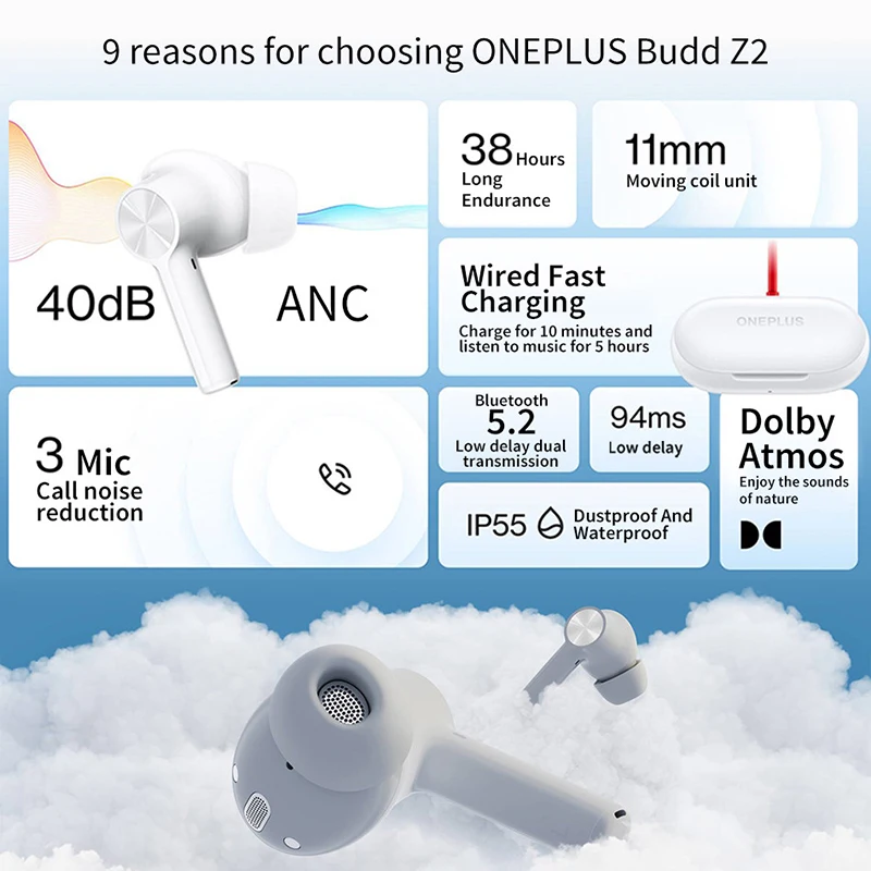 Bluetooth-наушники OnePlus Buds Z2 с активным шумоподавлением 40 дБ | Электроника