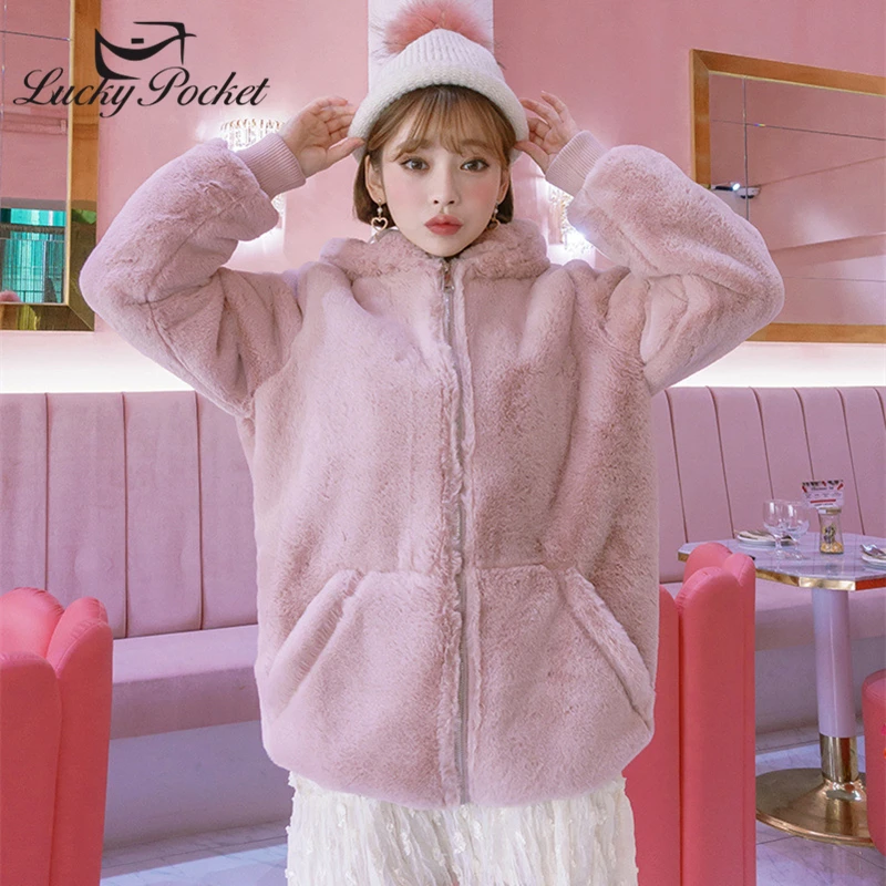 

Women Winter New Thick Loose Sweet Plus Size With Cap Short Pink Fur Coat Ladies Fashion Casual Big Pocket black Plush Coat ZY63