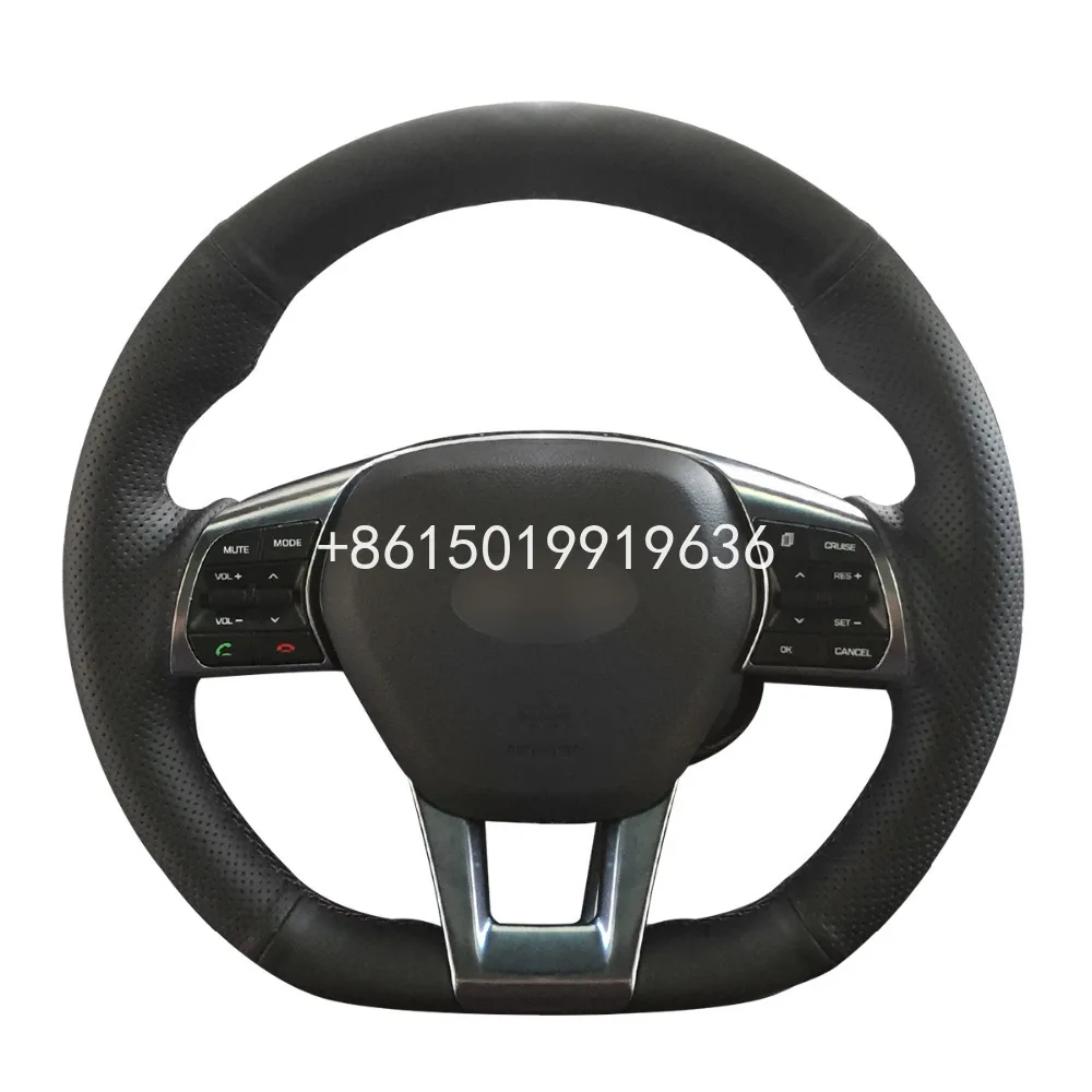 

Hand-stitched DIY Black Leather Car Steering Wheel Cover for Hyundai Sonata 9 2015 2016 2017 (3-Spoke) Accessories