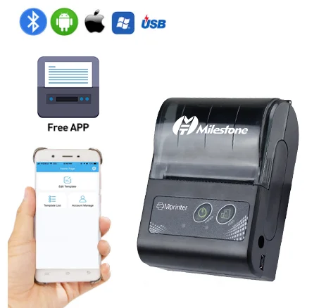 

Milestone Portable Receipt Printer 58mm 2inch Wireless Bluetooth Thermal Printer Maker Mini Printer for Store MHT-P10