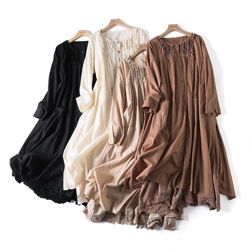 

Lamtrip Mori Girl Ruffles Patchwork Layers Romantic Single Breasted Design Cotton Dress 2020 Autumn New Arrival
