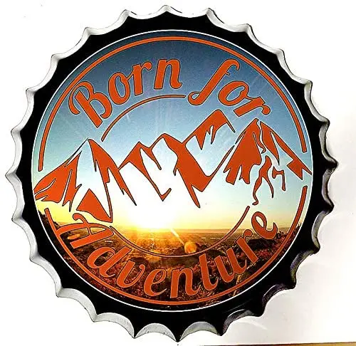 

Retro Sign Born for Adventure Bottle Caps Metal Tin Diameter Home Decor Bar Plaque Lounge Man Cave Garage