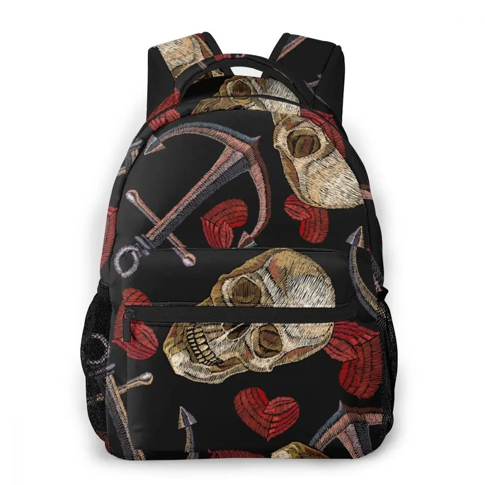 

OLN Children Backpacks School Bag For Boys Embroidery Human Skull Anchor And Heart Teenagers Schoolbag Student Bookbags