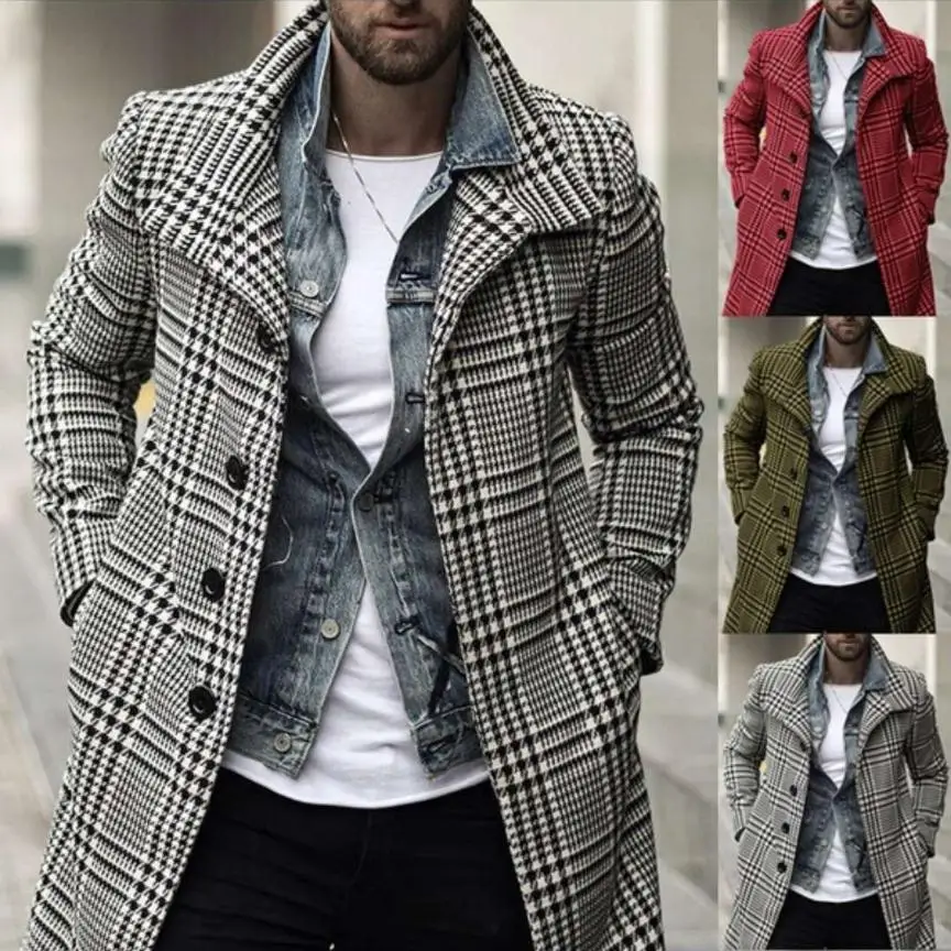 

Long Coat Men Autumn Winter 2021 New Fashion Button Up Plaid Lapel Coat Medium and Long Coat