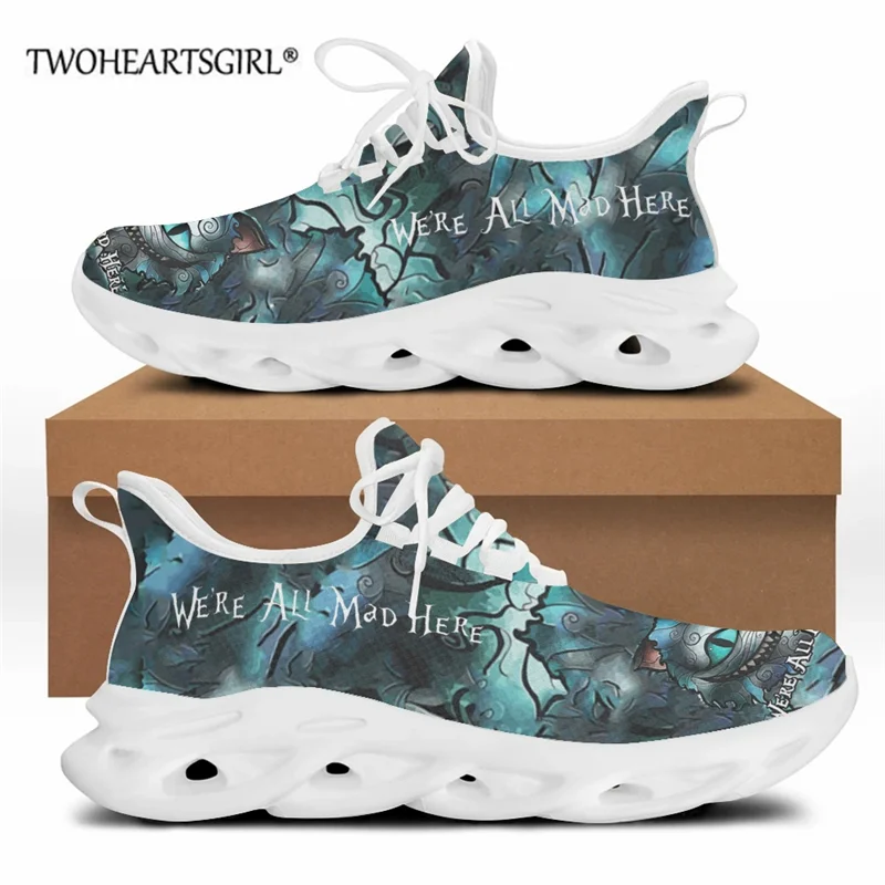 

Twoheartsgir Fashion Women White Sneakers Casual Shoes Funny Cheshire Cat 3D Printed Flats Breathable Walking Shoes Tenis Femin