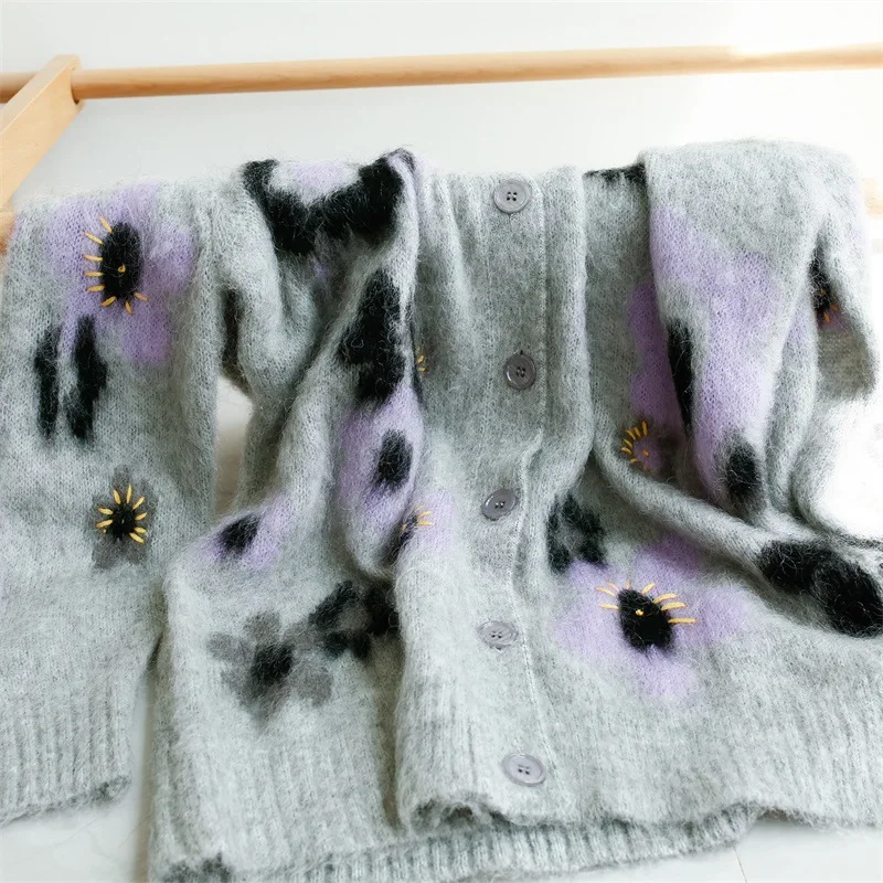 

100% mohair Brand fashion women high-end luxury winter mohair jacquard V-neck mid-length knitted cardigan women loose sweater