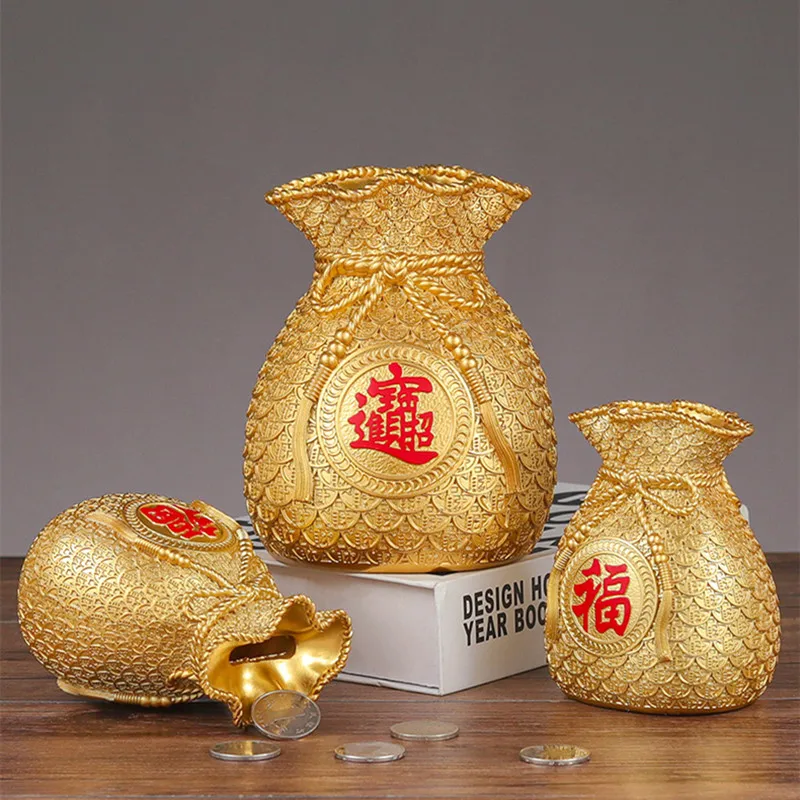 

Золотая полимерная сумочка на удачу, украшения, копилка, благоприятное приношение богатства, поделки для гостиной, входа, ТВ, кабинета, офис...