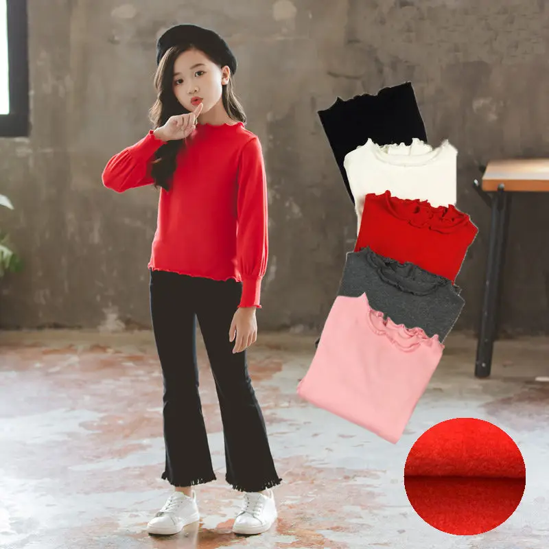 

Winter Fleece Warm T-shirts for Big Girls Solid Color Cotton Long Sleeve Shirt Teenage Bottom Tops White/black O-neck Clothes