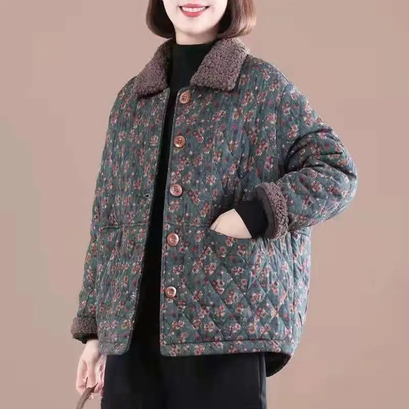Fdfklak Middle-Aged Mom Floral Coat Women 2022 New Elegant Outerwear Tops XL-5XL Plus Size Winter Thicken Warm Female Jacket
