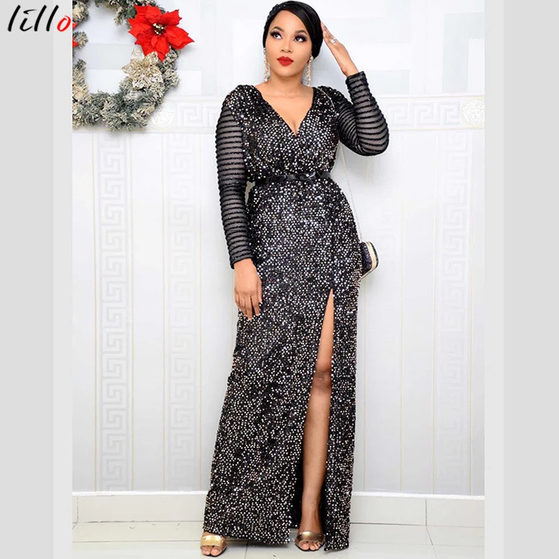 

Sexy V neck sequins velvet dress african clothing women bodycon dress long sleeve collar bandage evening party dress elegant bla