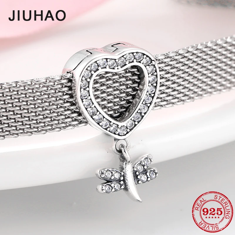 Настоящее модное серебро 925 пробы полое сердце с стрекозой прозрачный CZ зажим