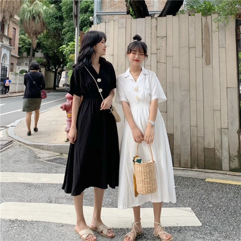 

Summer Autumn Dresses Harajuku Single Breasted Notched Collar Preppy Style Student A-Line Shirt Dress Mori Girl Long White Dress