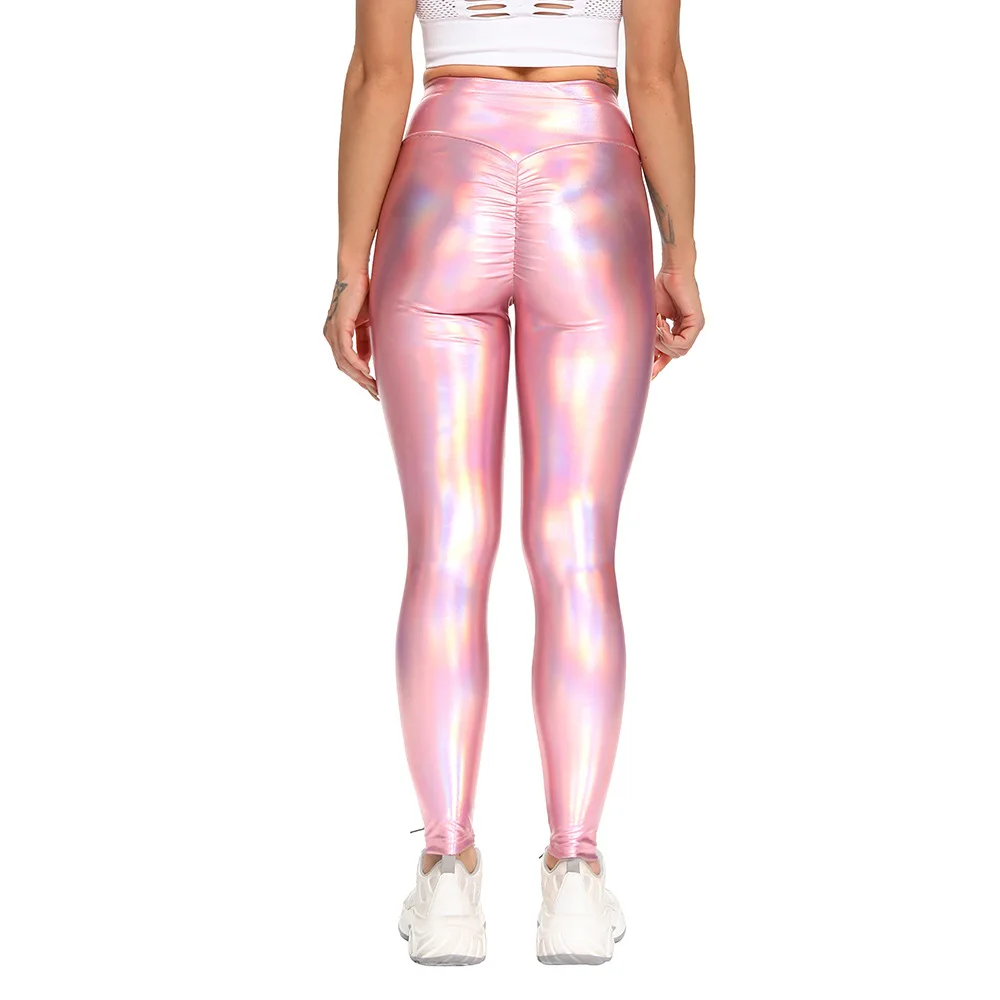 

Laser Leather Women High Waist Sport Push Up Skinny Pink Pencil Ruched Butt Leggings Casual High Streetwear Faux Leather Legging