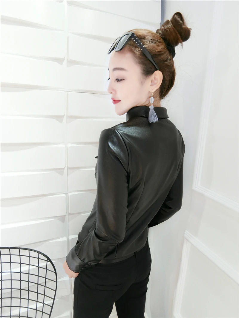 Зимние рубашки с длинным рукавом и отложным воротником из искусственной кожи для