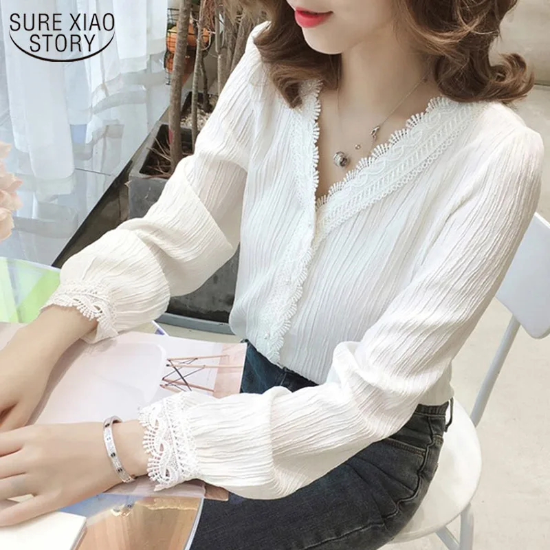 

2021 Autumn V-Neck Puff Sleeve Solid Women's Blouse Striped Lace Shirts Long Sleeve Single Breasted Shirts Plus Size 3XL 11087