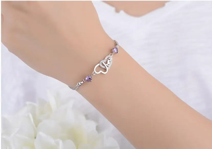 Женский браслет из серебра 925 пробы двухслойный с цепочкой и подвеской в форме