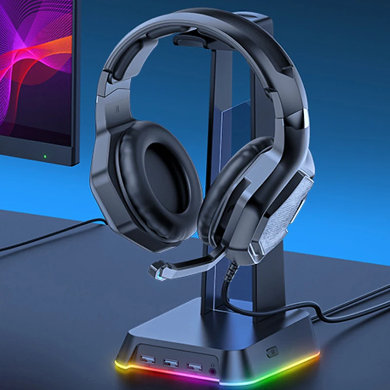 

RGB держатель для наушников, игровые наушники, подставка для наушников, настольная полка с 3,5 мм AUX и 3 USB портами, экономия