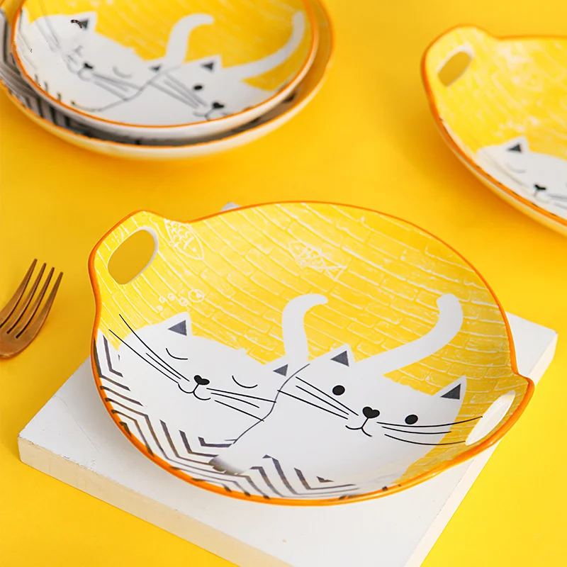 Керамические обеденные тарелки с милым котом в японском стиле ручная окрашенные