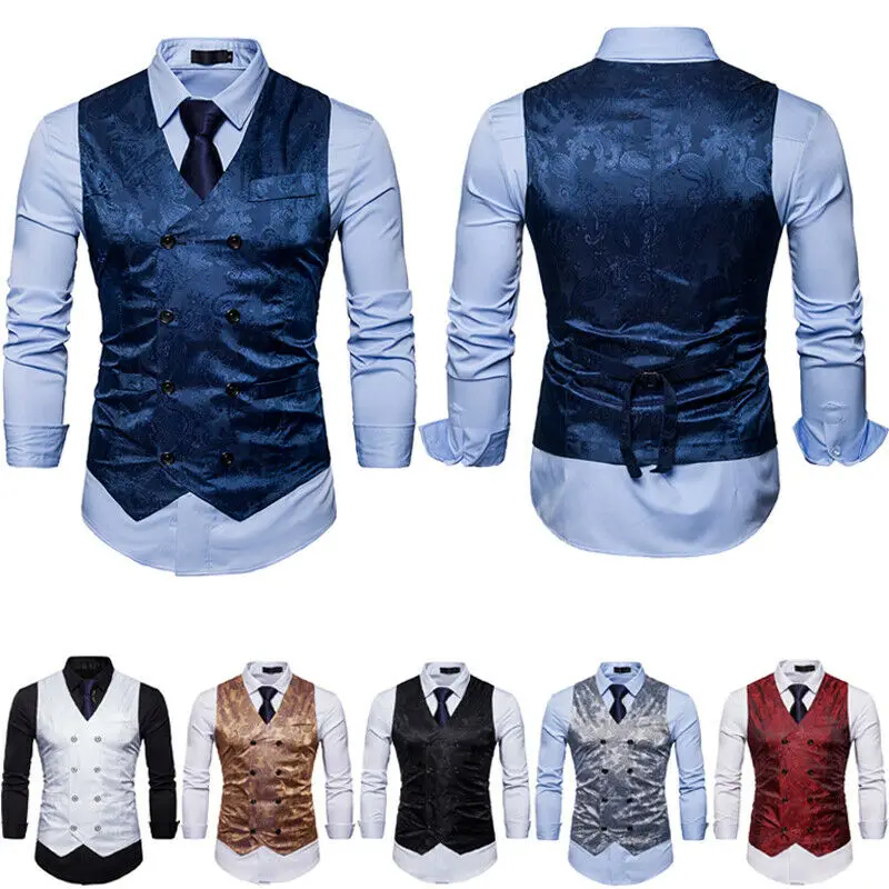 Мужской винтажный деловой жилет двубортный с вышивкой и V-образным вырезом