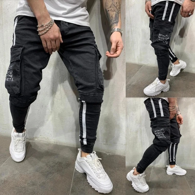 Новые модные Стрейчевые обтягивающие мужские джинсы с буквенным принтом штаны