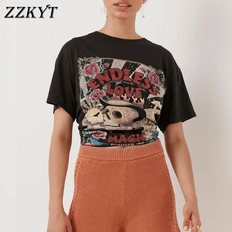 

ZZKYT 2021, женская летняя модная футболка с принтом черепа, винтажные повседневные топы, футболки с круглым вырезом и коротким рукавом, женская ...