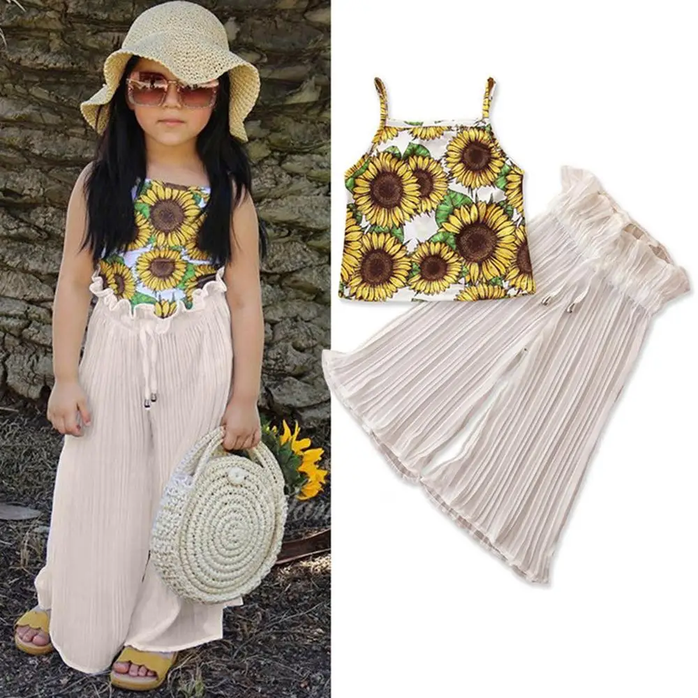 

Children Baby Girl Clothes Set Summer Sling Vest Sunflower Floral Print Tops Bowknot Solid Color High Waist Flared Pants Set XY2
