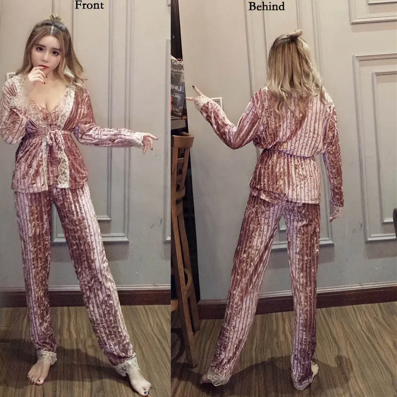 Зима 3 шт новые золотые бархатные пижамы для женщин с v-образным вырезом мягкий