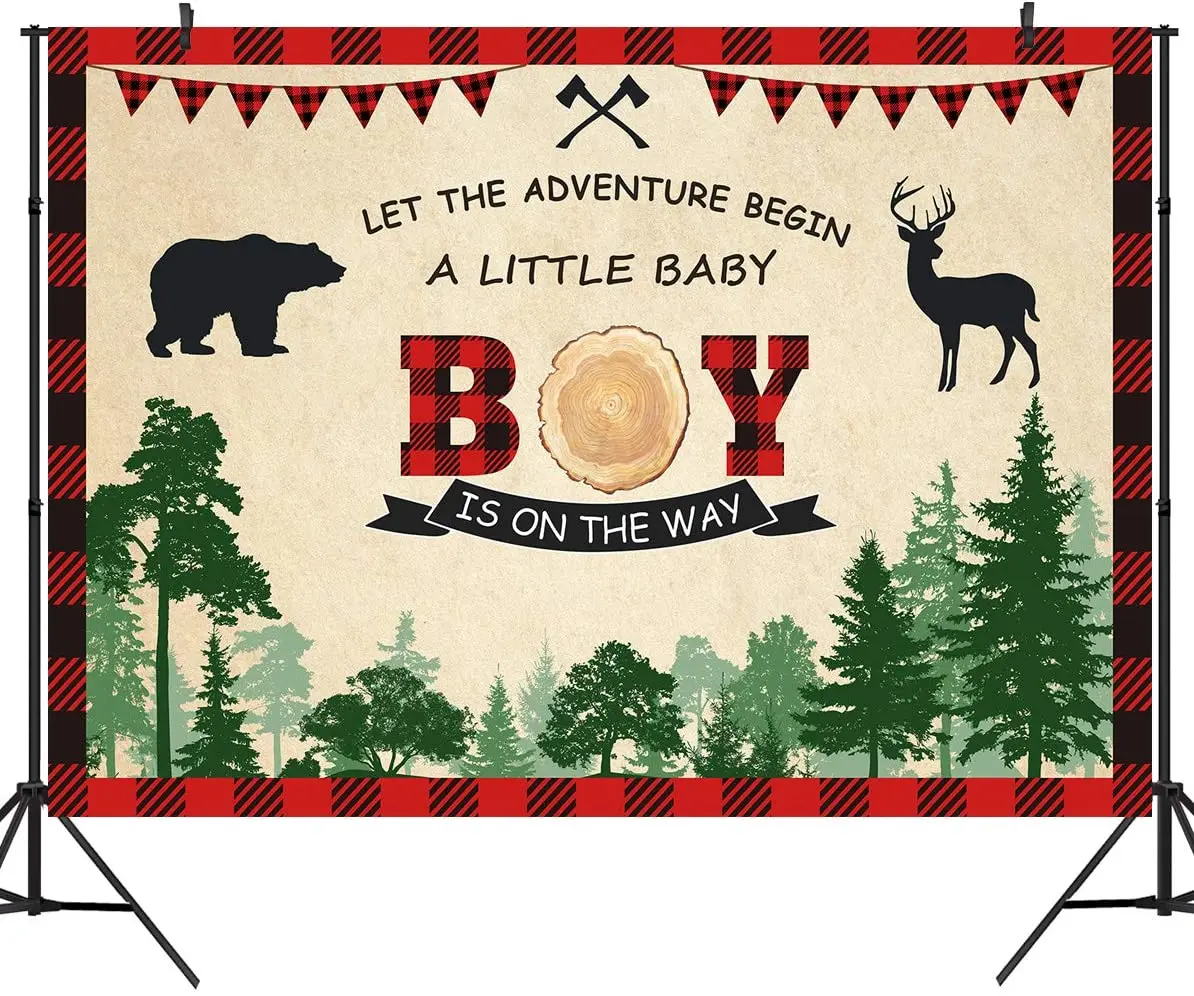 

Lumberjack Baby Shower Thin Vinyl Backdrop Buffalo Plaid Wilderness Bear Deer Photography Background Boy Prince Infant Banner
