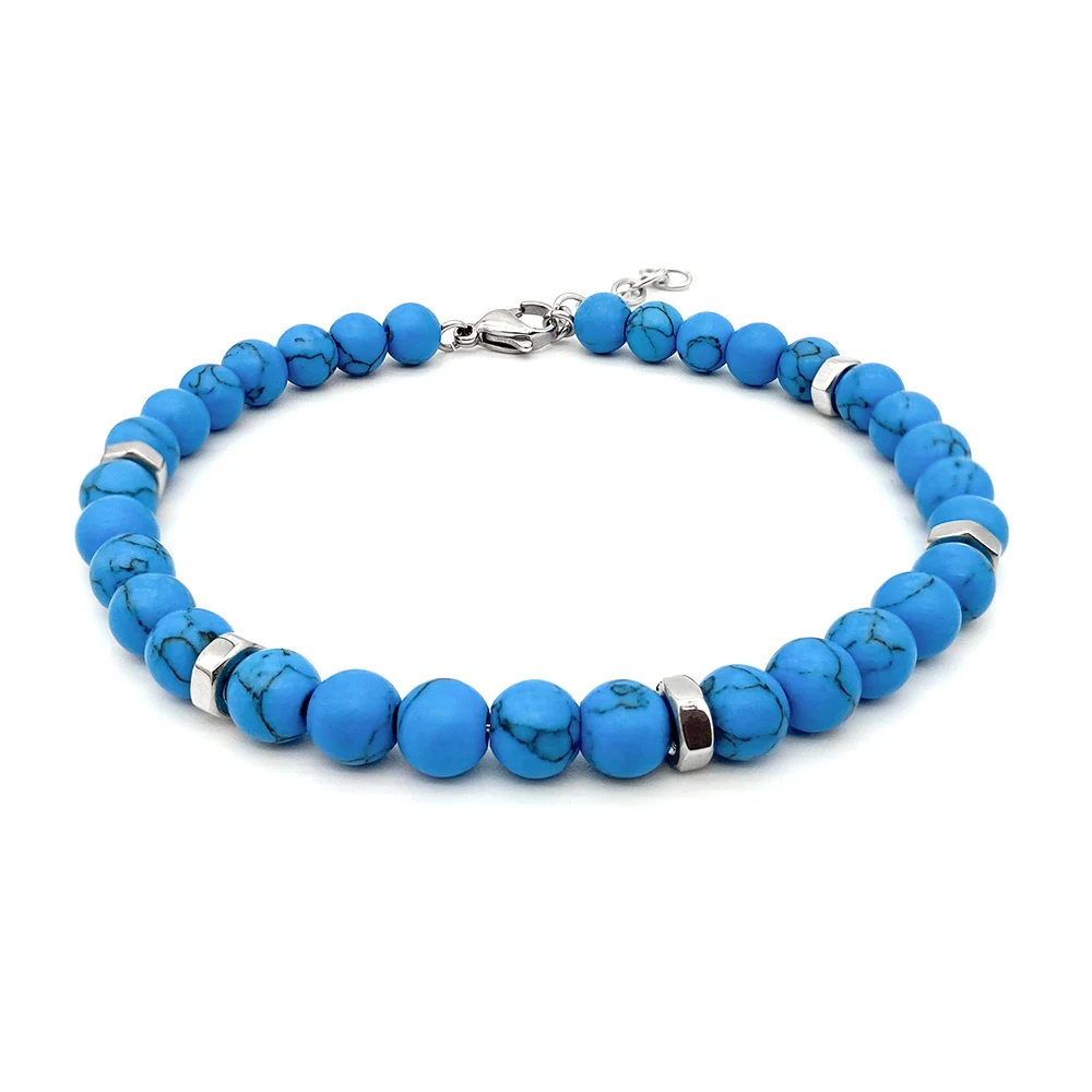 

Runda Men's Bracelet Blue Natural Stone 6mm with Stainless Steel Adjustable Size 22cm Fashion Handmade Charm Bead Bracelet