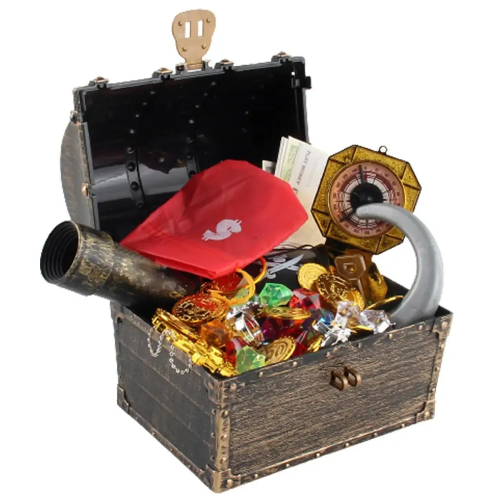 

143pcs Kid Pirate Chest Box Golden Box Toy Kit Dress Up Props Cosplay Costume Tools Gold Coin Mini Cartoon Pocket Treasure Case
